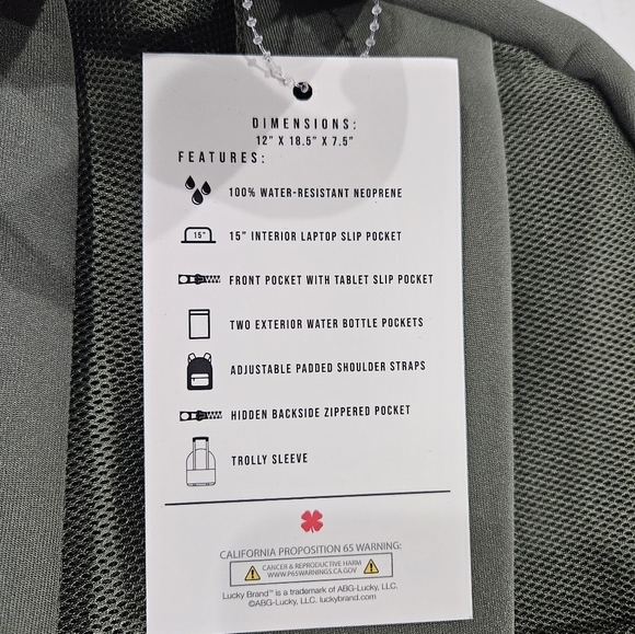 Lucky Brand Sage Green/ Army Neoprene Large Laptop Backpack Travel Bag NEW - Picture 3 of 7